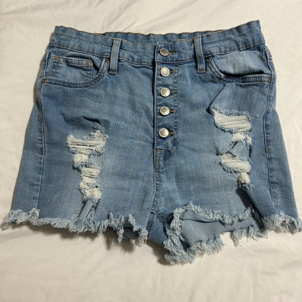 Hot Kiss Womens High Waisted Distressed Denim‎ Shorts Light Wash Button Fly 11